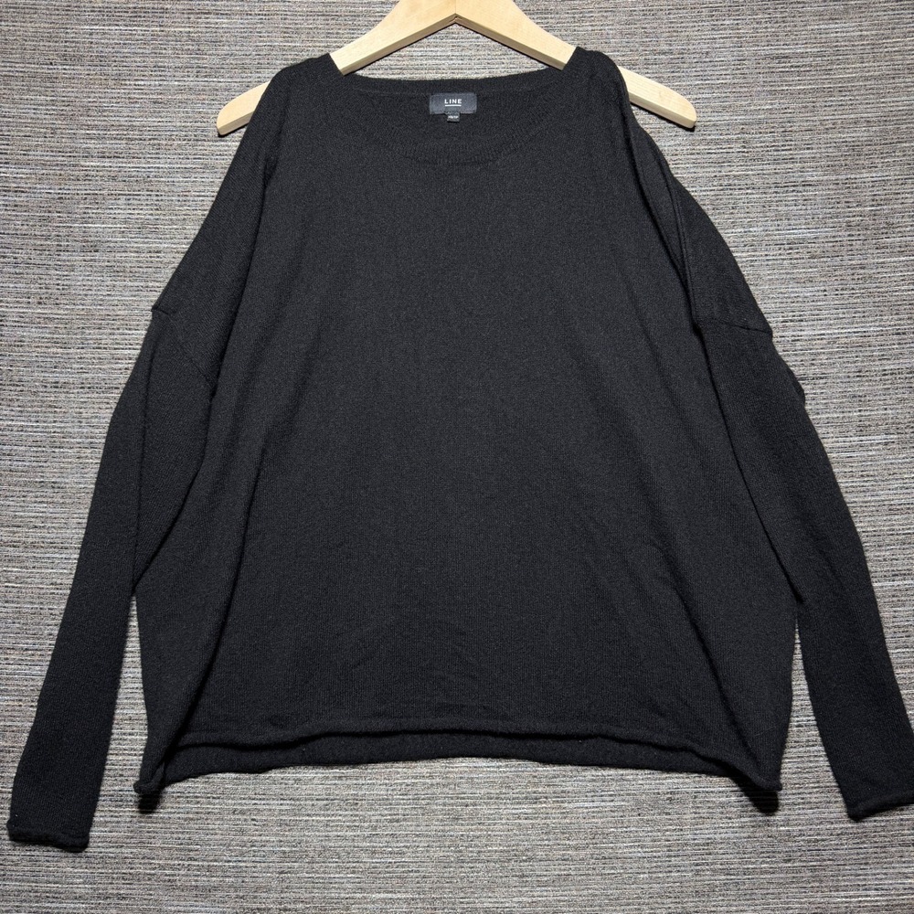 LINE Sweater Womens XS Black LS Cold Shoulder 100% Cashmere Cut Out Relaxed Knit